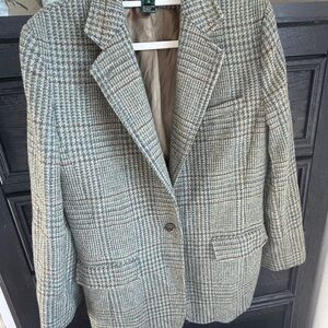 Lauren Ralph Lauren Wool Tweed Blazer Moss Green Plaid Equestrian Academia